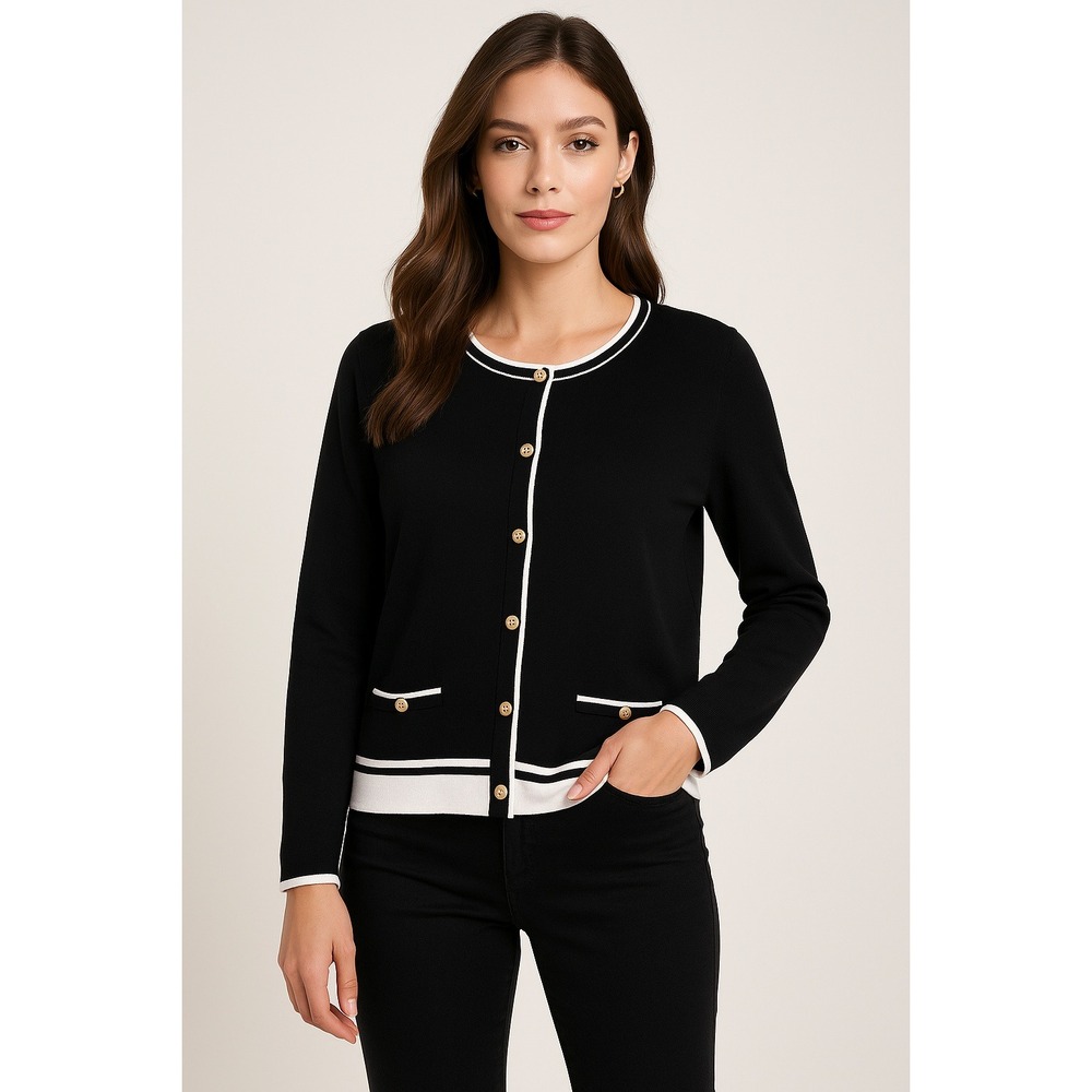Karen Scott Cardigan Women 2XL Black White Knit Classic Old Money Preppy Sweater